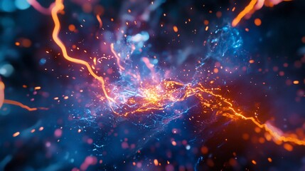 Abstract digital rendering with vibrant orange and blue light streaks and bokeh effects