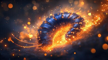 Poster - Glowing metallic caterpillar-like creature with fiery sparks on dark background.