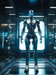 © EVISUAL - A futuristic humanoid robot stands in a high-tech lab, illuminated by glowing holographic displays. A vision of AI innovation and cybernetic evolution. Generative AI