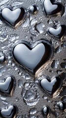 Poster - Close-up view of metallic hearts formed in droplets on a textured surface with shimmering light reflections