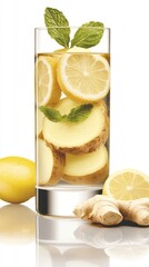 Wall Mural - Refreshing ginger lemon drink, studio shot, white background, healthy beverage