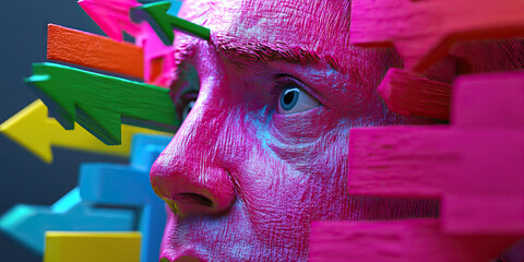 Poster - digital render of face with multicolored arrows