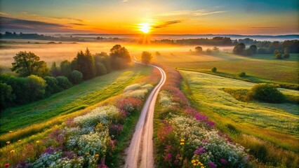 Canvas Print - Serene Sunrise Drone Photo: Blooming Landscape & Winding Dirt Road