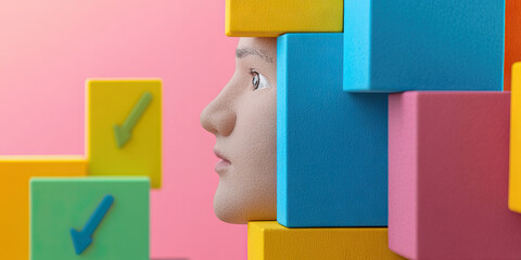 Poster - human head partially concealed by multicolored blocks