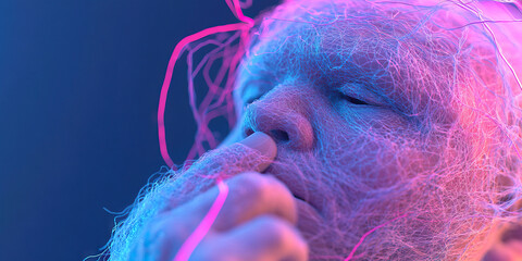 Poster - Human Face Partially Covered by Network Structure Under Neon Light