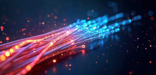Poster - abstract illustration of glowing fiber optic cables. colorful light beams show connections, data tra