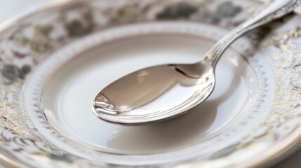 Elegant silver spoon rests on a decorated vintage plate ready for mealtime