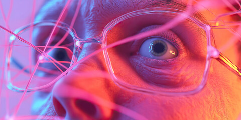 Poster - Close-up of Face with Glasses and Intersecting Pink Filaments