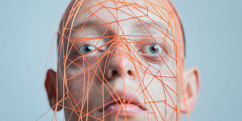 Wall Mural - Portrait of a Face Partially Covered by an Orange Geometric Mesh