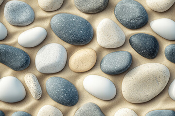 Poster - Seamless eco-friendly pattern showcasing smooth pebbles in natural tones on a muted sandy backdrop