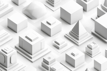 Poster - Seamless pattern featuring isometric geometric shapes in soft gray tones showcasing clean design and high depth of field