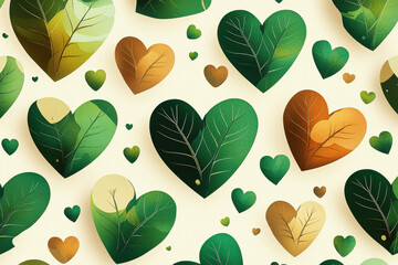 Poster - Seamless pattern of hearts and leaves in vibrant green and soft brown tones against a pale cream background for an eco-friendly design