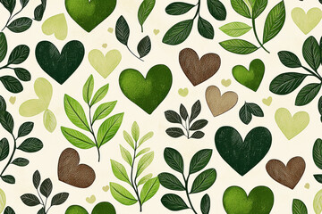 Poster - Seamless pattern of overlapping hearts and leaves in vibrant green and soft brown tones on cream background for eco-conscious design