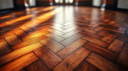 Wall Mural - Sunlit herringbone wood floor, grand hall, interior design