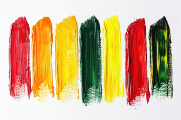 Poster - Vibrant abstract acrylic brush strokes in red, yellow, green arranged symmetrically on a white background in bright lighting