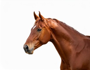 side view of a chestnut horse standing with a calm demeanor the horse is isolated on a white backgro