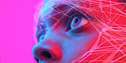 Poster - Close-up of Face with Interconnected Lines and Neon Lighting