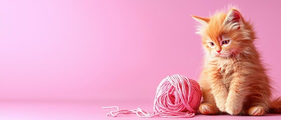 Canvas Print - Fluffy kitten and pink yarn. AI.