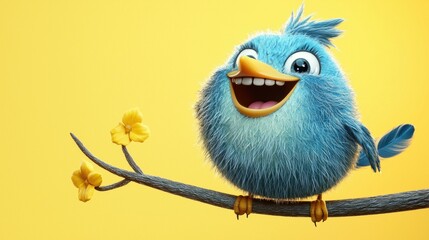 Poster - A happy fluffy bird perched on a branch. AI.