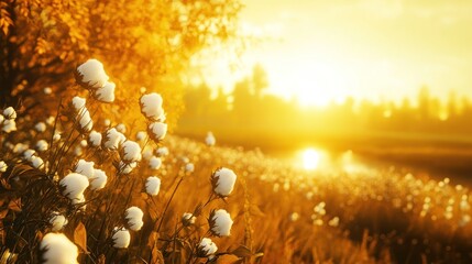 Wall Mural - Golden sunrise over a field of fluffy white wildflowers near a calm river.