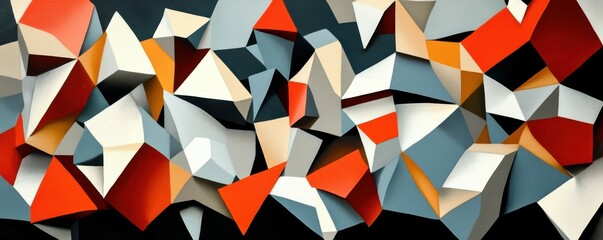 Poster - Geometric abstract art with vibrant red and orange shapes on dark background