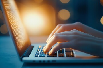 Aufkleber - Close-up of hands typing on a laptop keyboard in a dimly lit environment, with a warm glow from the screen creating a cozy atmosphere for productivity and creativity.