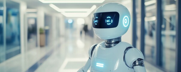 Poster - Futuristic robot with smiling face display in modern hallway