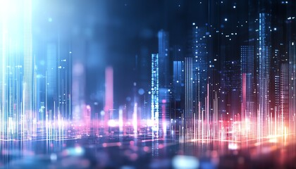 Poster - Abstract digital landscape with glowing lines and particles representing data flow and technological advancement.
