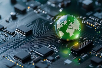 Poster - A close-up view of a circuit board featuring a glowing green globe symbolizing technology and the environment interconnected.