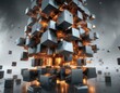 © JKLoma - A swarm of metallic cubes suspended in a dense, grey mist, abstract, glimmering, hazy