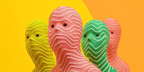 Poster - Three Textured Head Sculptures in Pink, Yellow, and Green