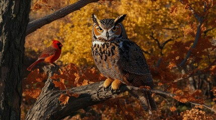 Poster - Great Horned Owl and Cardinal perched on a branch amidst autumn foliage.