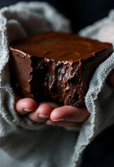 Wall Mural - Close-up of a chocolate dessert held with a cloth, highlighting its rich texture.