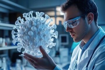 Poster - Scientist examines intricate model of virus in modern laboratory