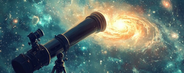 Wall Mural - telescope observing galactic swirl in star-filled universe