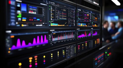 Aufkleber - Large screen wall showing graphs and key performance indicators - kpi - in a network operations center - noc - with system administrators working in the background