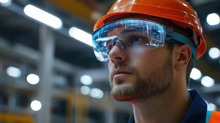Poster - industrial engineer wearing augmented reality headset working in a factory, visualizing data and inf