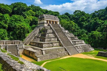 a jungle forest illustration featuring a mayan pyramid, view of an ancient civilization stone temple