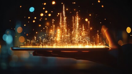 Poster - businessman holding a tablet, displaying a futuristic hologram of a smart city emerging from the dev