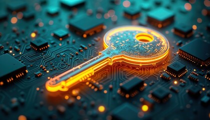 Poster - futuristic key glows on tech circuit board. modern digital key represents future security, innovatio