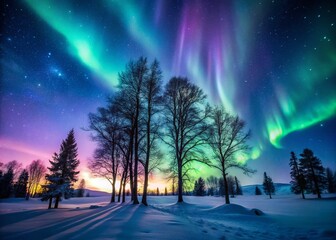 Wall Mural - Silhouetted Trees Against Vibrant Aurora Borealis in Finland