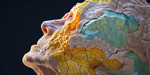 Poster - Three-Dimensional Render of Cracked Face with Multicolored Pigments