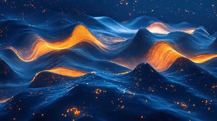 Poster - Abstract Digital Landscape with Glowing Blue and Orange Particles