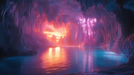 Wall Mural - Magical cave lake sunset fantasy artwork