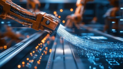 Poster - robotic arm is transferring data with optical fiber cable, creating a stream of digital information 
