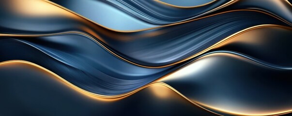Poster - Abstract metallic waves with blue and gold highlights