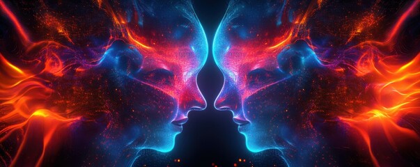 Poster - Futuristic digital art of two neon faces with vibrant colors and abstract patterns