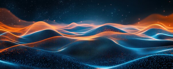 Poster - Abstract digital landscape: futuristic neon waves under starry sky
