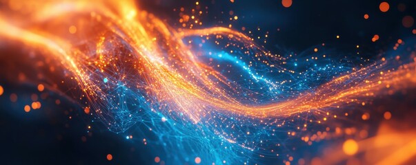 Poster - Dynamic flow of blue and orange light particles in abstract motion