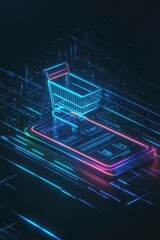 Poster - Neon shopping cart hovering over smartphone, symbolizing futuristic mobile commerce and online shopping trends